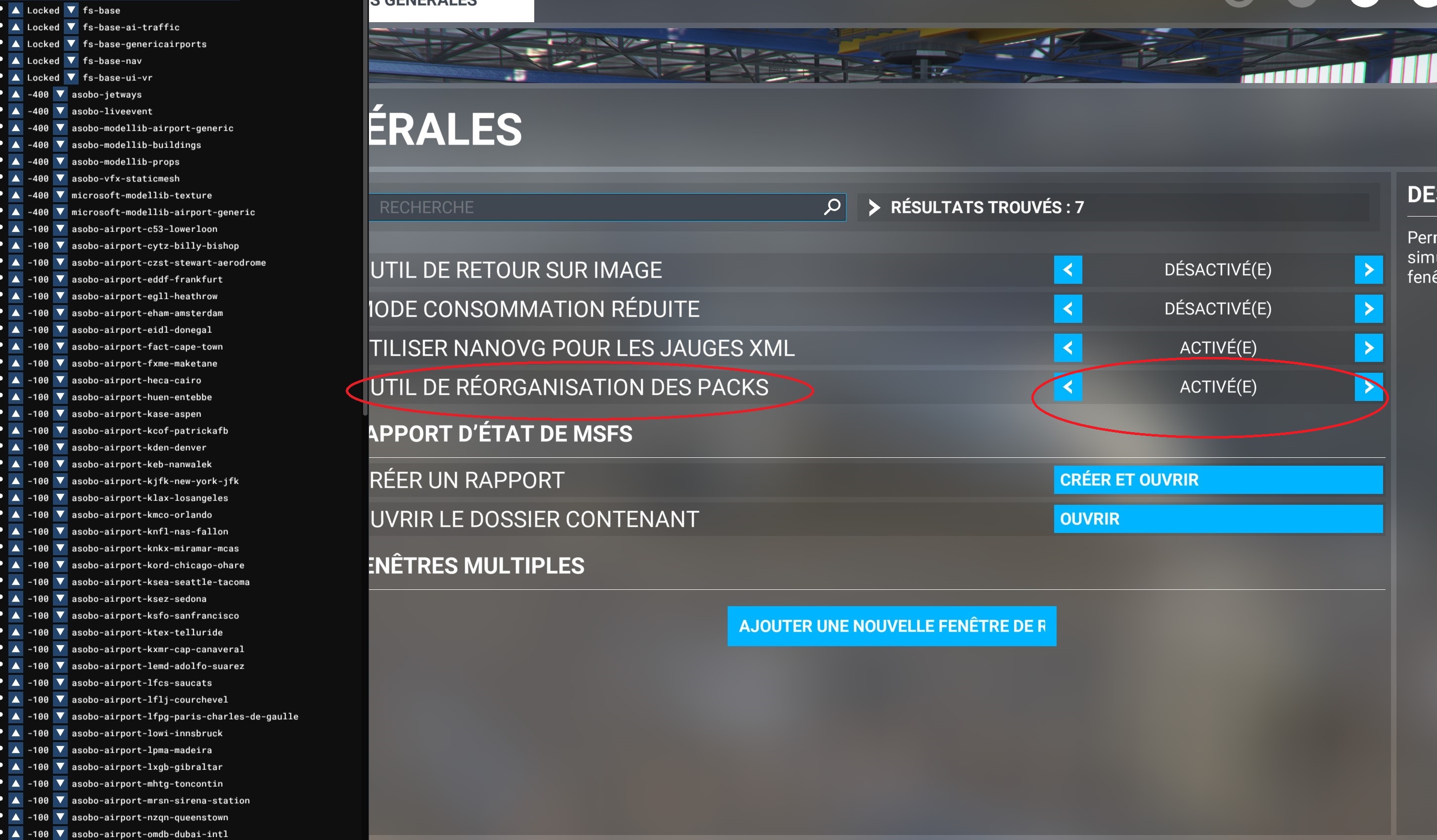 MSFS 2020 Activer la Réoganisation des scènes